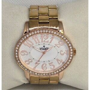 Women's Visage Oval Textured Dial Gold Tone Rhinestone Bezel Bracelet Watch 04
